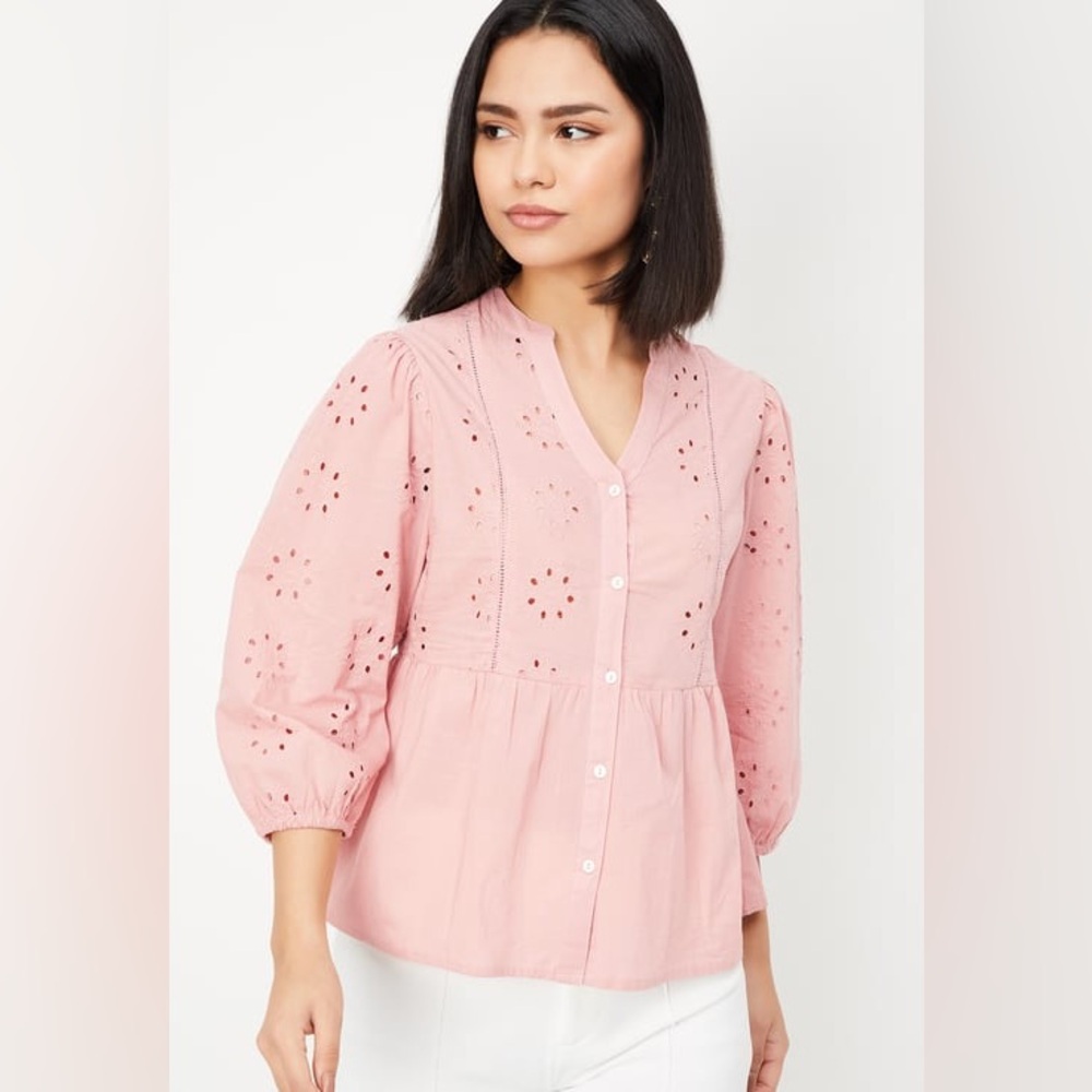 MAX FASHION Schiffli Peplum Balloon Sleeve Top - Pink